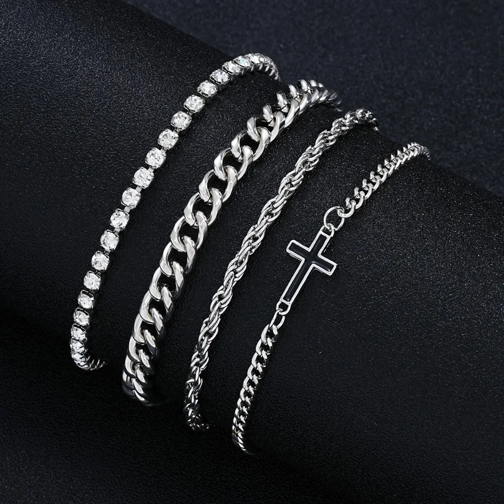 4PCS Herren-Armband mit doppellagigem, silbrigem, verstellbarem Kreuz-Charm-Zirkon-Armband, klassisch und modischem Punk-Stil