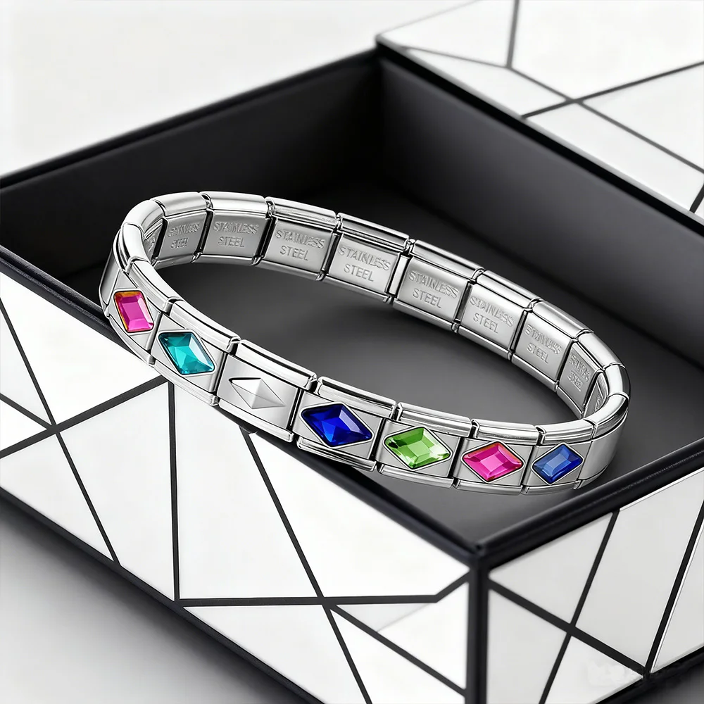 Modisches, farbenfrohes, rautenförmiges italienisches Charm-Element, passend für 9-mm-Edelstahl-Schmuckarmbänder, DIY, für Damen, als Geschenk für den täglichen Gebrauch. – Detail 2