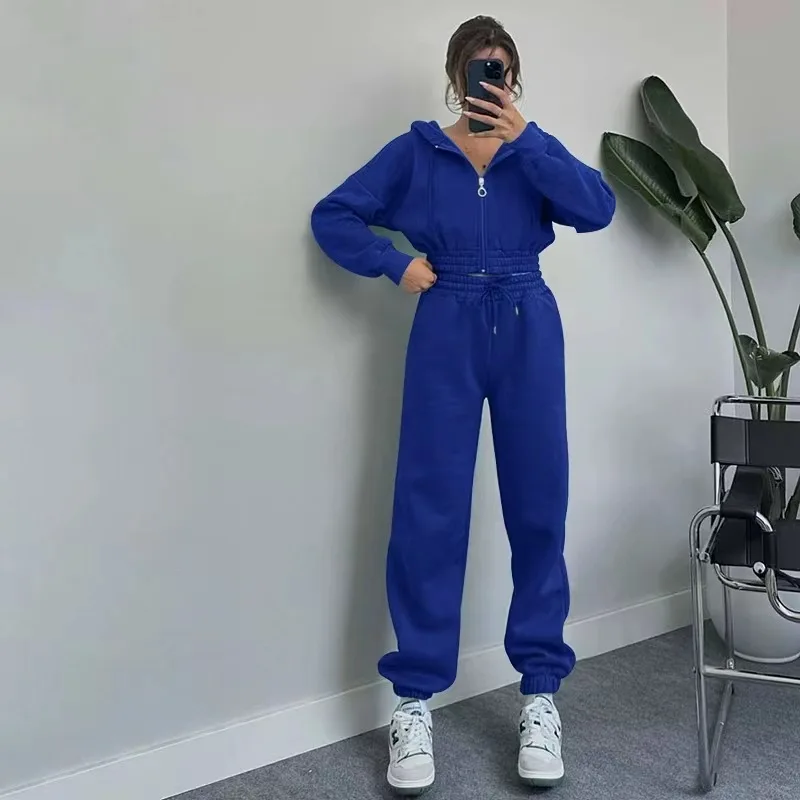 Women Sports Suit Two Piece Set Zipper Hooded Thick Sweatshirt Short Coat High Waist Casual Drawstring Pants Autumn Winter