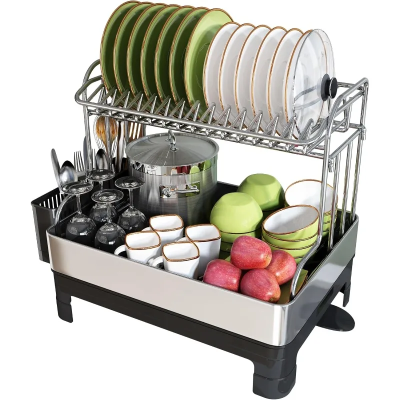 

Stainless Steel Dish Drying Rack, Extra Large Dish Racks for Kitchen Counter, 2 Tier Dish Drainer and Drainboard Set