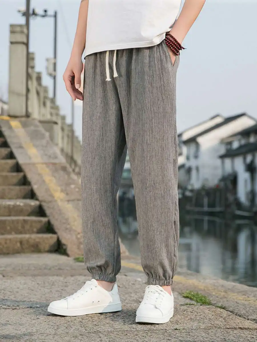 

Мужские повседневные брюки из хлопка и льна с эффектом ледяного шелка, свободного кроя, дышащие, летние, универсальные, с высокой талией, укороченные, очень комфортные