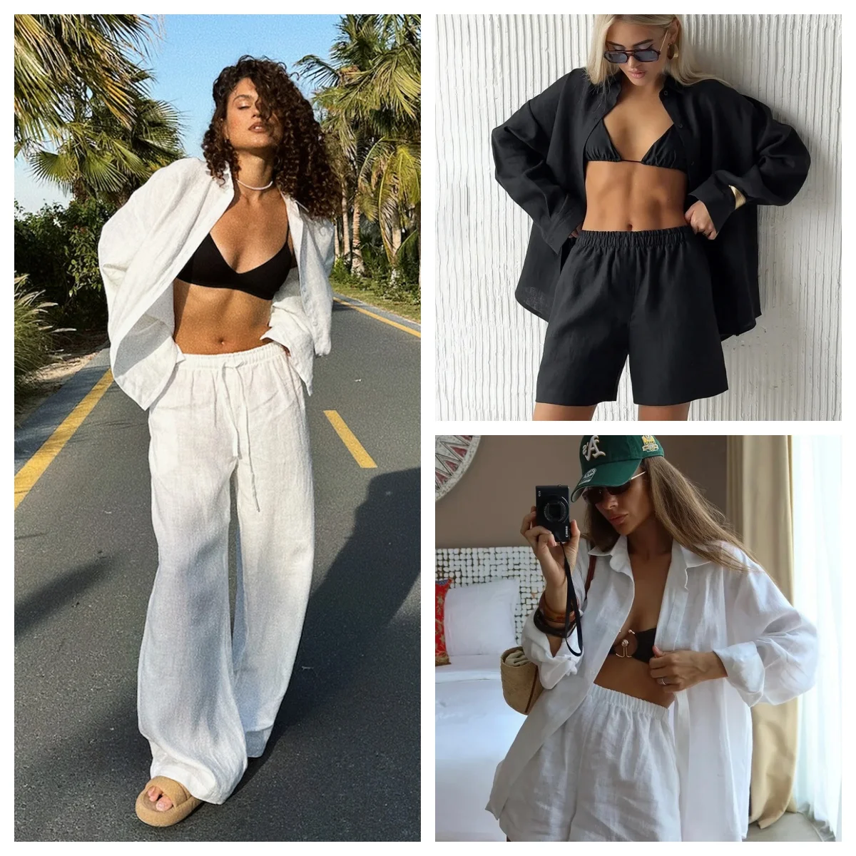 

White Cotton Casual Pants Sets Women's Solid Color Cozy Lapel Long Sleeve Shirt Summer Outfit Elastic Waist Pants Suits