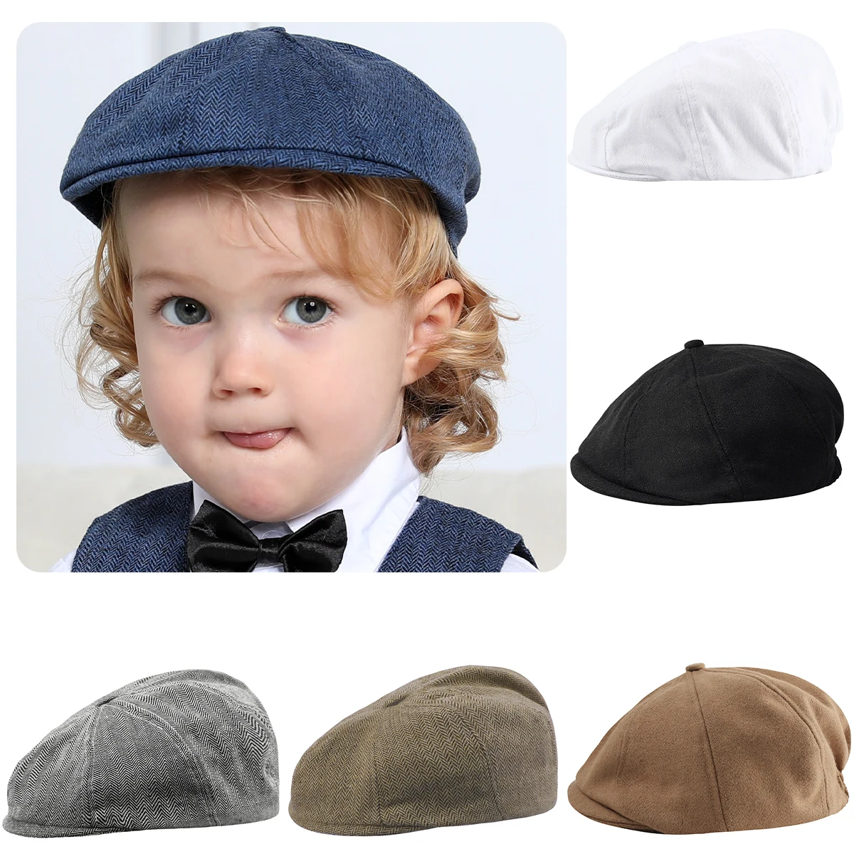 Baby Boys Newsboy Hat Kids Herringbone Flat Cap Infant Retro Beret Accessories Toddler Felt Soft Lining Thick Warm Hat