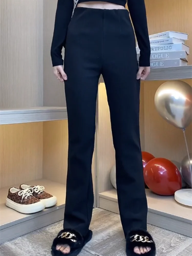 High Waist Straight Leg Black Casual Pants for Women Fashion Slimming Split Long Trousers Commute Style Korean Version