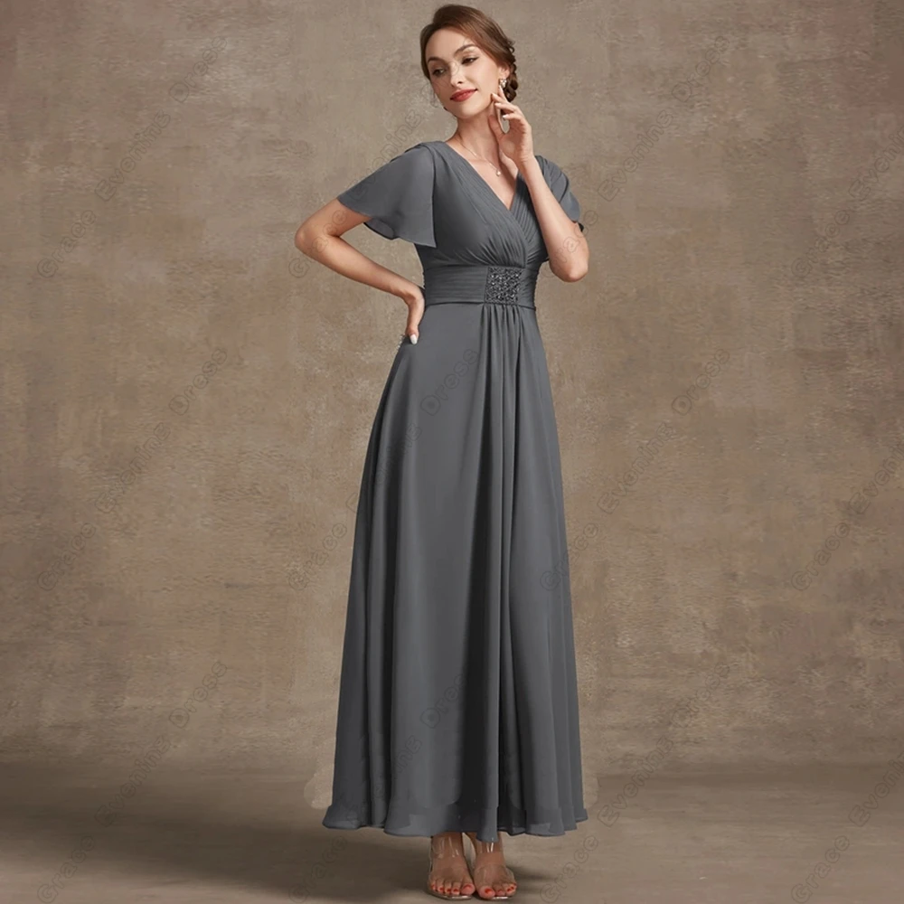 

Charming Grey Strapless Mother of Bride Dresses for Women Short Sleeve Beach Wedding Party Gown with Beading Vestido De Noche