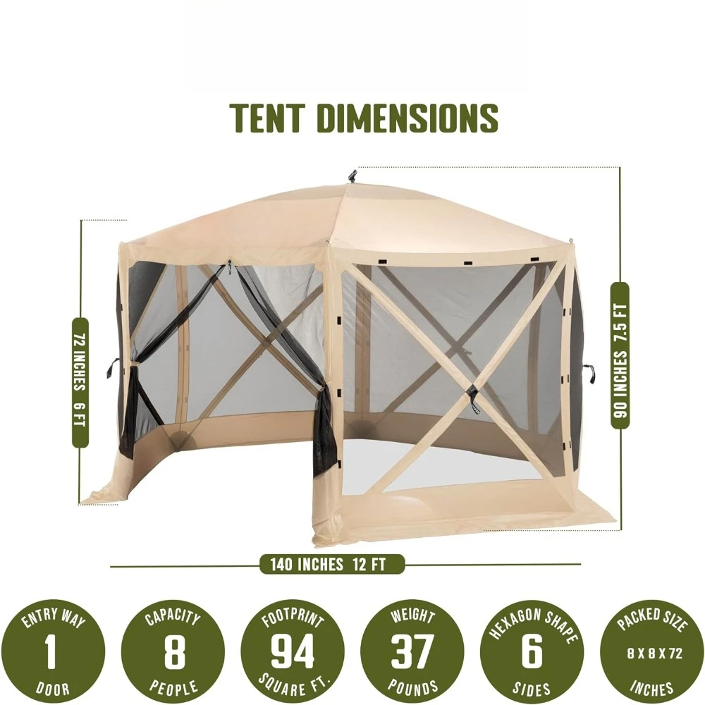 12 x 12 Foot Portable Pop Up Camping Outdoor Gazebo 6 Sided Canopy Shelter + 2 Pack of Wind and Sun Panels