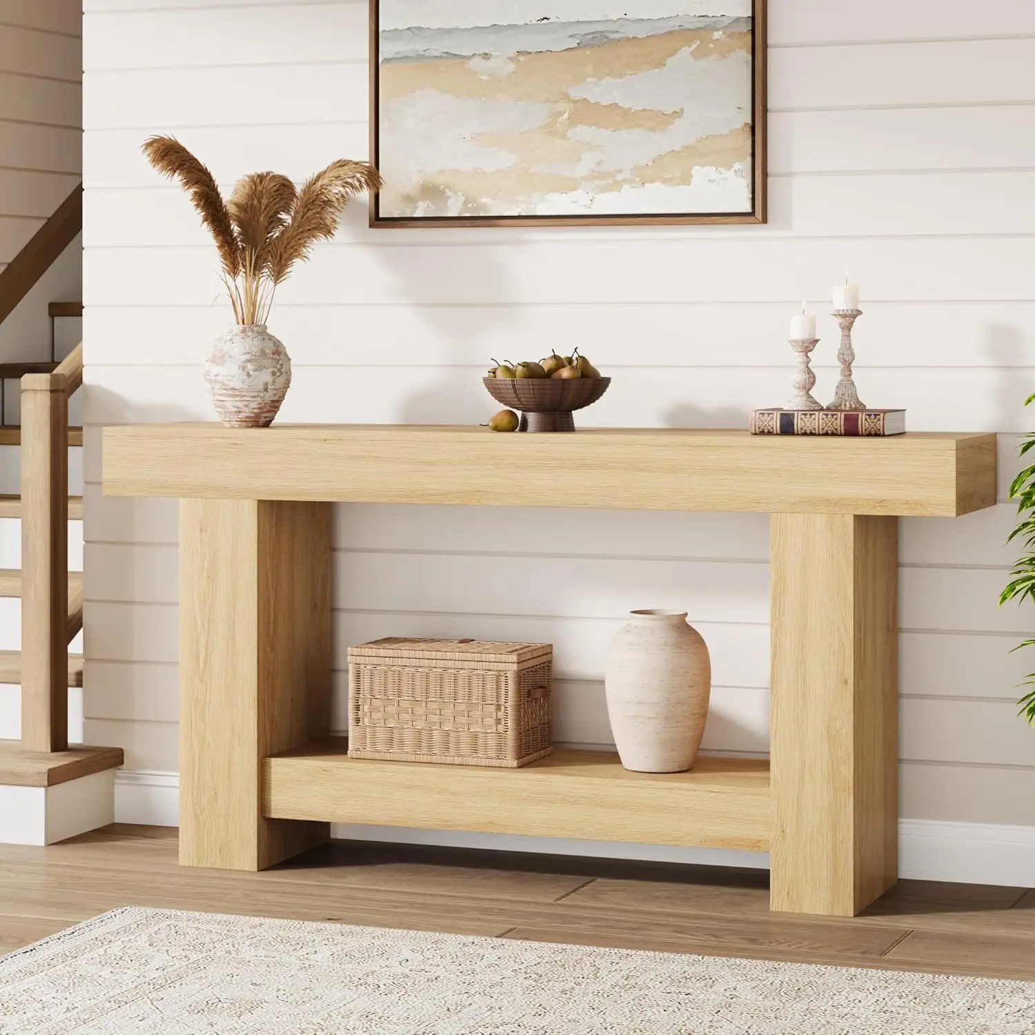 Mesa consola de madera de granja de 120cm/160cm de largo, mesa de sofá grande de 2 niveles con almacenamiento para sala de estar, entrada, pasillo