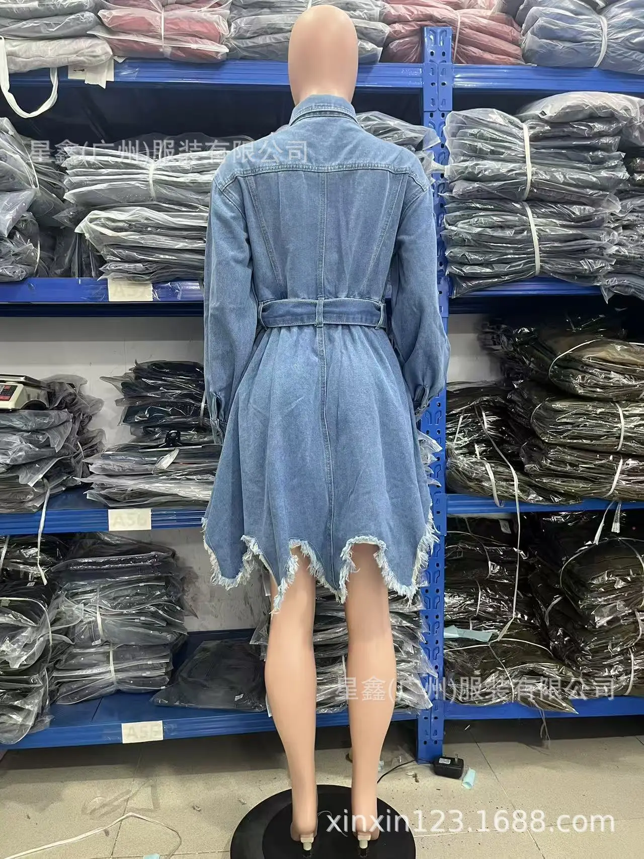 Women Lantern Sleeve Denim Shirt Dress Collared Button Front Frayed Scalloped Hem Mini Dress with Belt Casual Vintage Dress - view 4