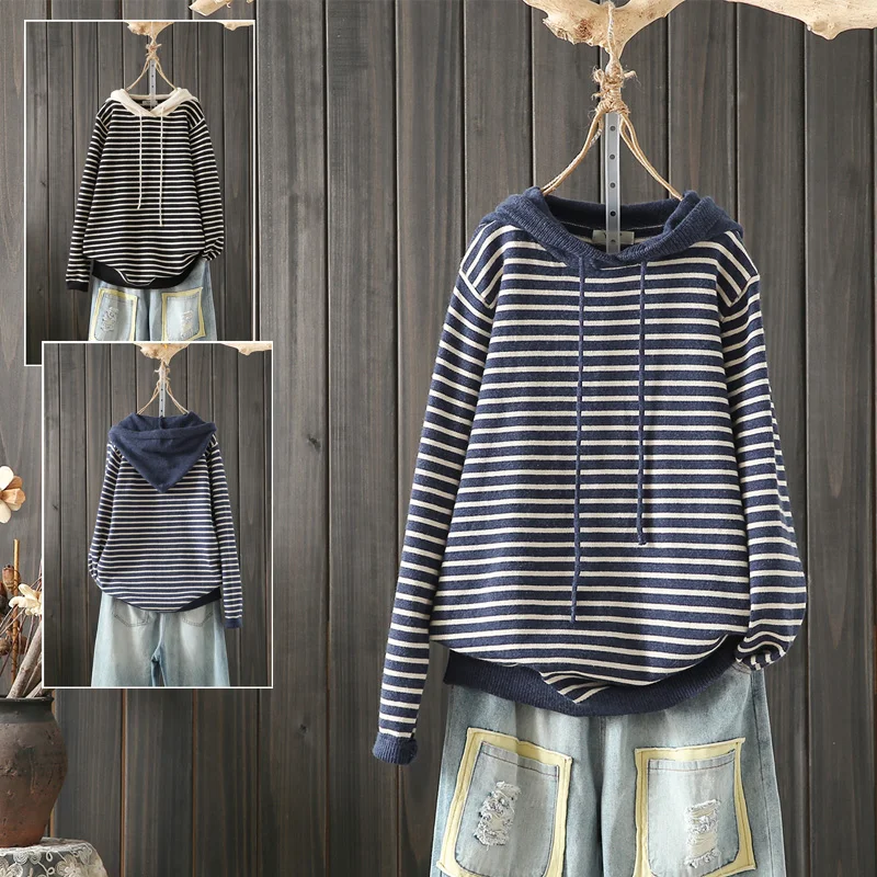 

High-End Women's Long Sve Knitted Sweater Loose Fit Hooded Striped Overhead Autumn Winter plus Size Comfortable Casual Top