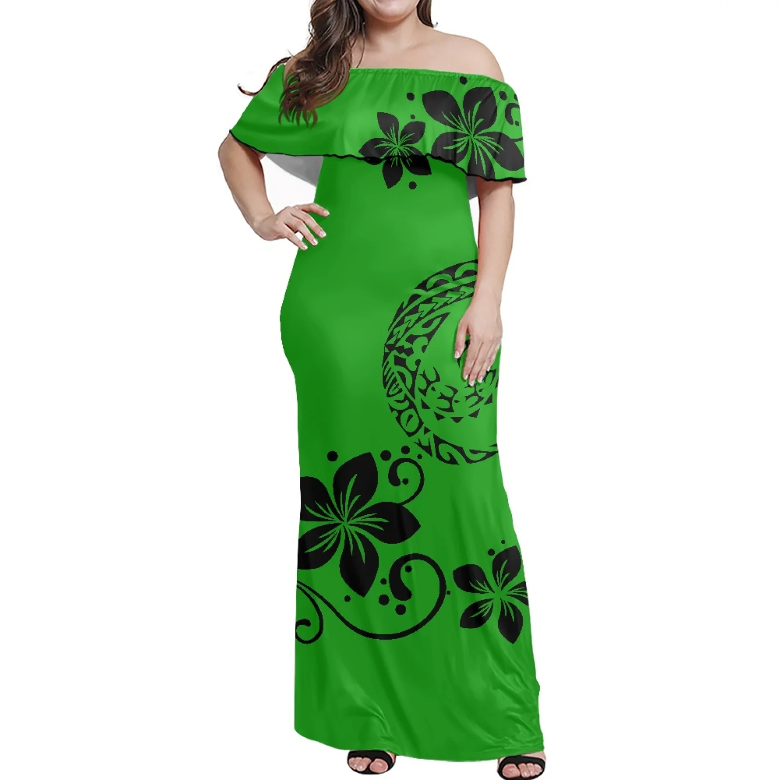 

Green Aunt New Style Polynesian Tribe New Temperament Strapless Maxi Dress Samoan One-Shoulder Short Sleeves Summer Casual Dress