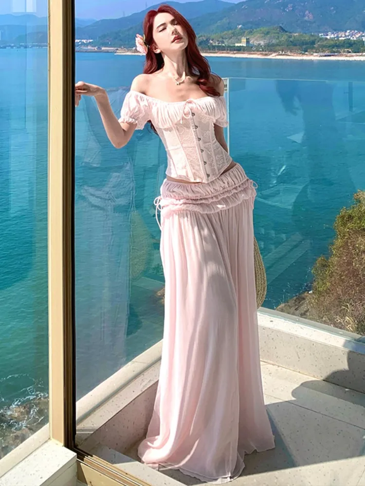 

Hot Girl Pure Desire Pink Fishbone Tube Top Half-length Skirt Two-piece Set Women's Spring Summer Vacation Fashion Ensemble