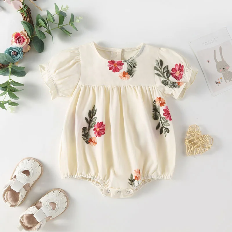 2026 Summer Infant Girls Floral Puff Sleeve Bodysuit Toddler Tee And Shorts 2PCS Sets ﻿Children\'s Outfit Embroidered Baby Sets