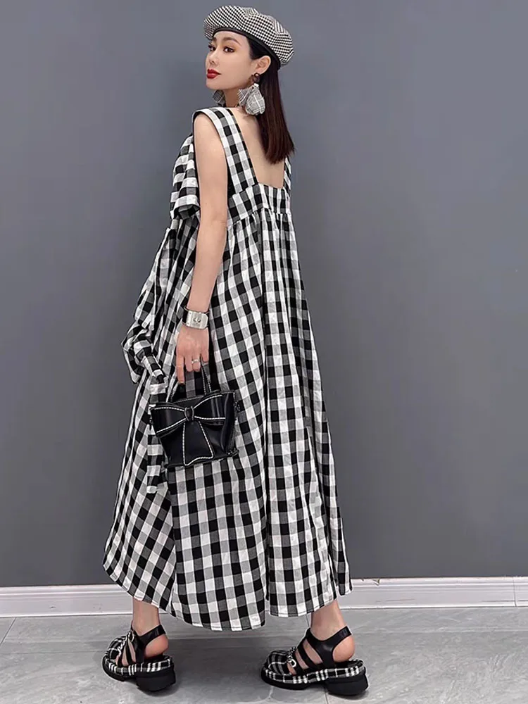 NYFS 2024 Summer New Plaid Dresses Backless Sleeveless Patchwork Bow Small Fresh Minority Elegant Loose Plus Size Long Dress