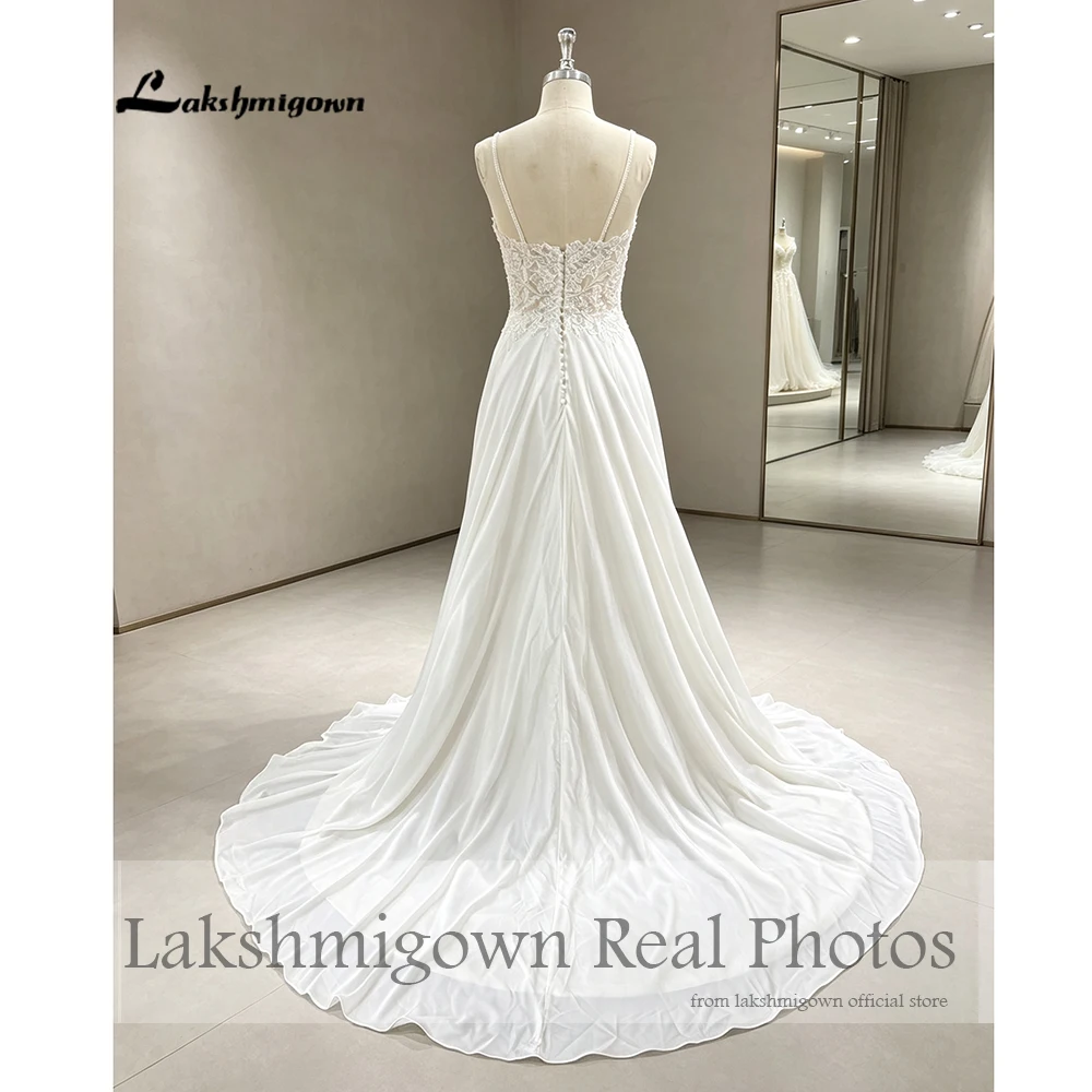 Lakshmigown Bohemian Spaghettiträger Hochzeitskleid Chiffon V-Ausschnitt A-Linie Brautkleid Spitzenapplikationen 2027 Echte Fotos Maßanfertigung – Detail 6