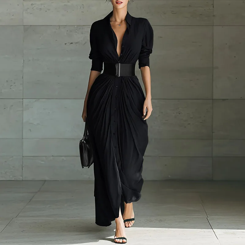 Spring Single Breasted Shirts Maxi Dress Woman Lapel Elegant Belted Slim Pleated Dress Autumn Long Sleeve Solid Slit Party Dress
