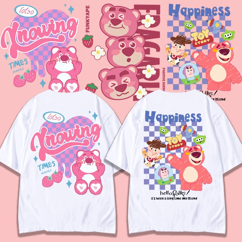 Disney-Camiseta feminina de manga curta, urso morango, rosa, puro algodão, solta, meia manga, verão, roupas doces