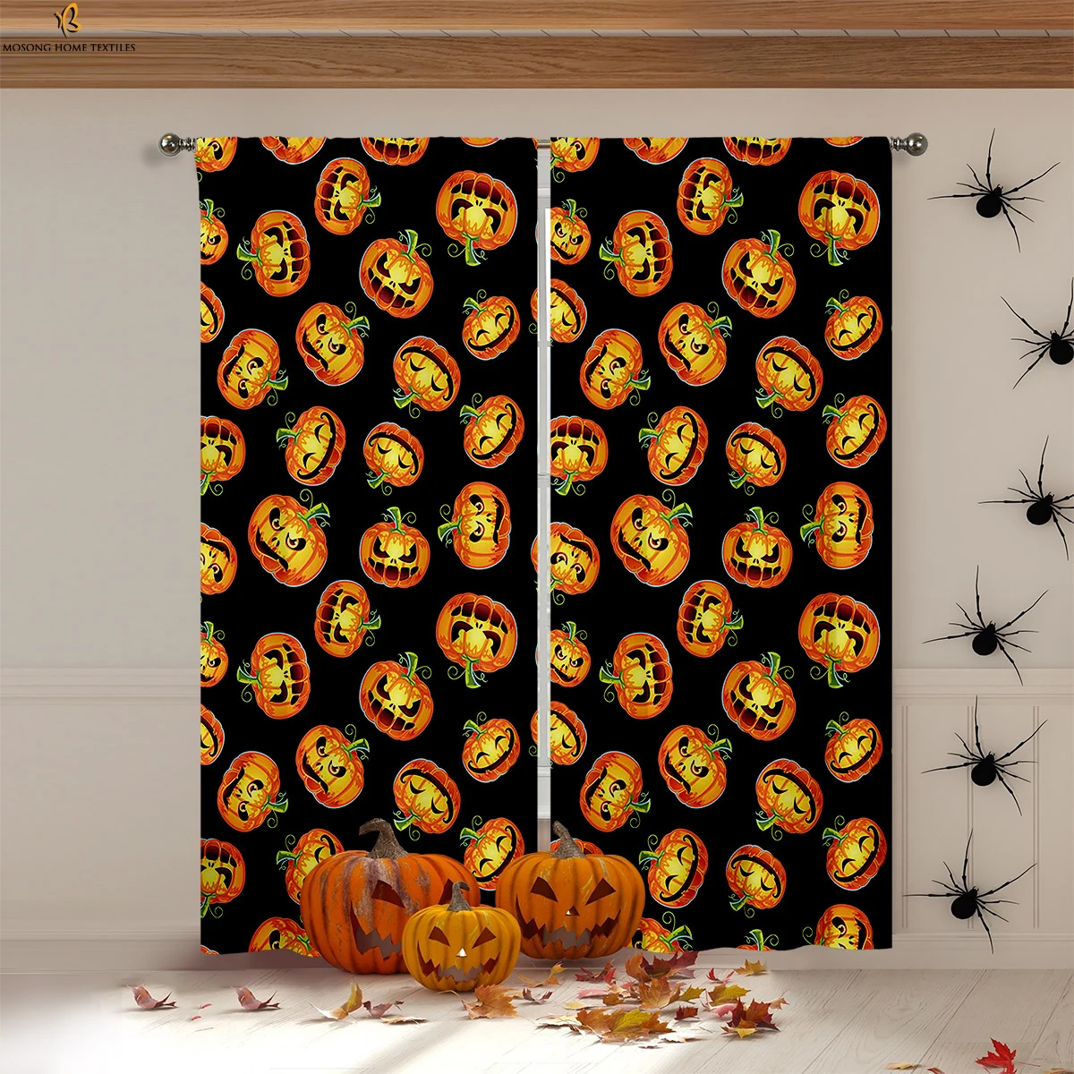 Halloween Pumpkin Skull Continuous Cartoon Print Curtains 100% Polyester Fiber Suitable For Children's Room Holiday Decoration