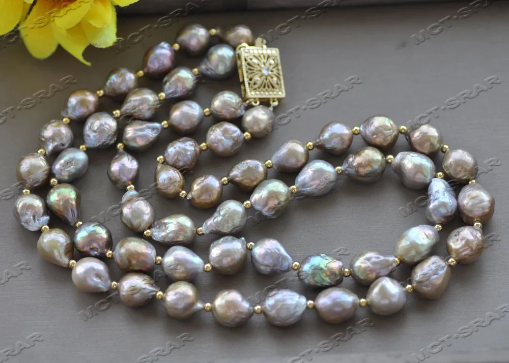 Z12027 2Row 18'' 15mm Golden Lavender Drop Edison Keshi Pearl Necklace CZ