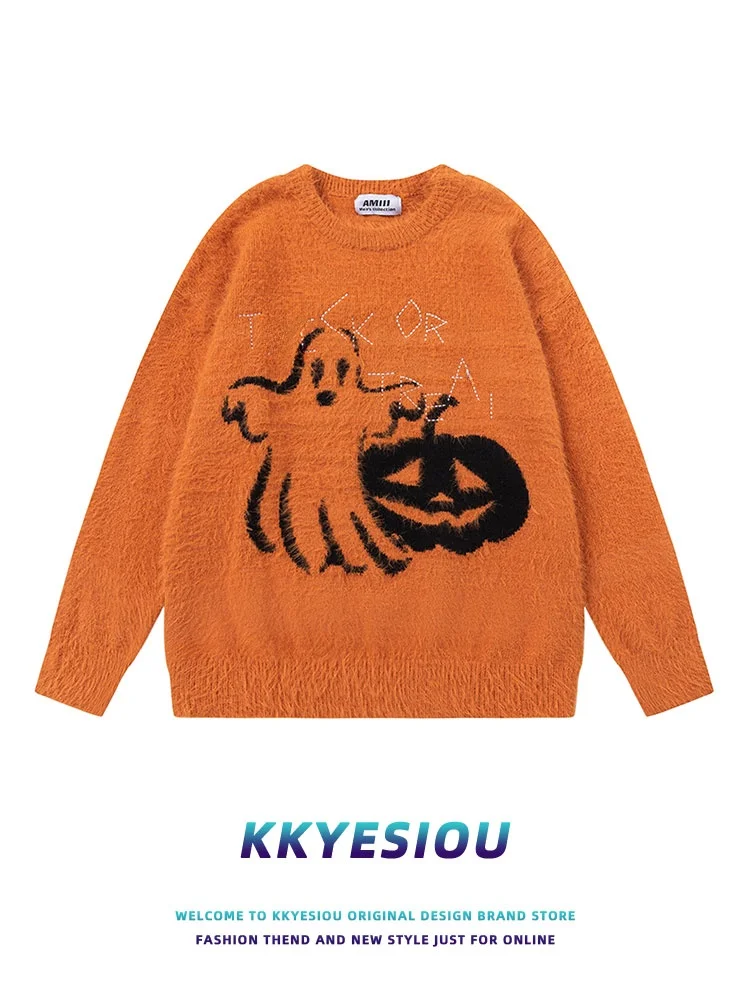 

Свитер KKyesiou на Хэллоуин с вязаным рисунком тыквы и призрака, дизайн ex Aosphere Orange, парный свитер, повседневный свободный крой, круглый вырез...