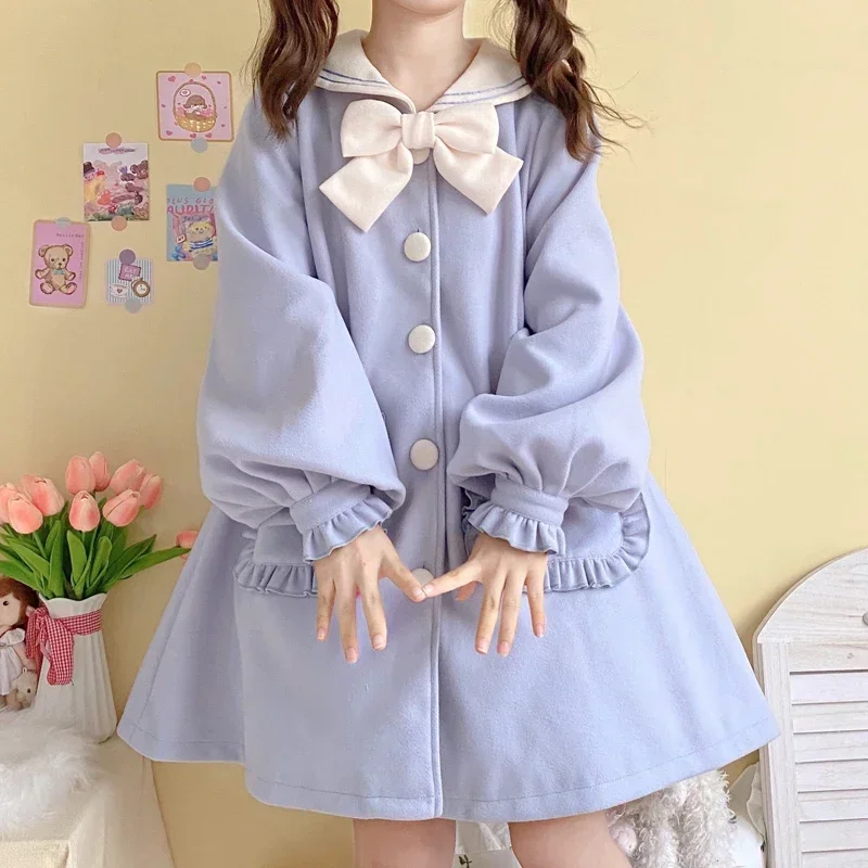 Japanese Preppy Style Winter Sweet Girl Coat Kawaii Sailor Collar Bow Cute Lantern Sleeve Single-Breasted Loli Woolen Outerweat