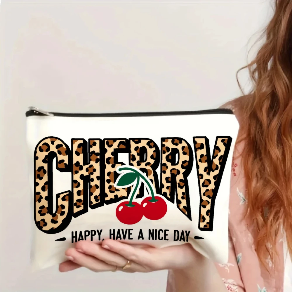 A Fashion Leopard Print Cherry Pattern Makeup Bag- multifunctional zipper pouch, jewelry storage bag