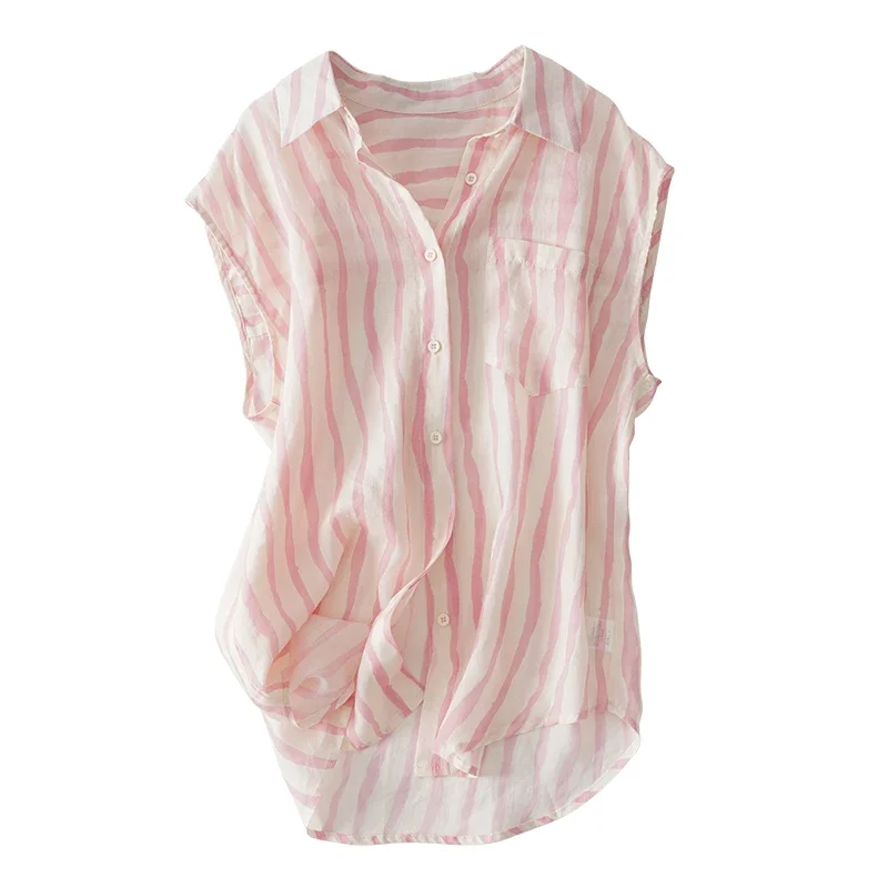 

Cotton Linen Women's Shirt Summer Vintage Blouses Loose Sleeveless Women Tops Stripes Fashion Clothing 2024 Korean