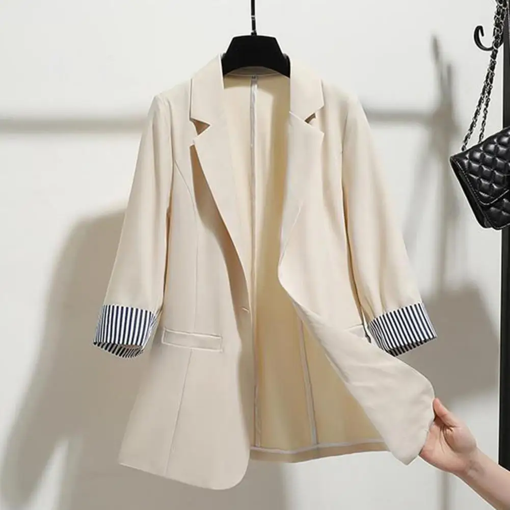 

Lady Commute Suit Coat Elegant Women's Mid-length Suit Coat with Turn-down Collar Three-quarter Sleeves Single Button for Office