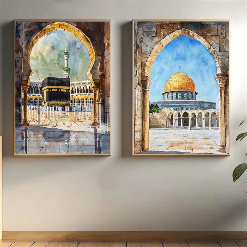 

Al-Aqsa Mosque Kaaba Islamic Canvas Poster Watercolors Decorative Painting Modern Wall Art Pictures Living Room Decor Cuadros