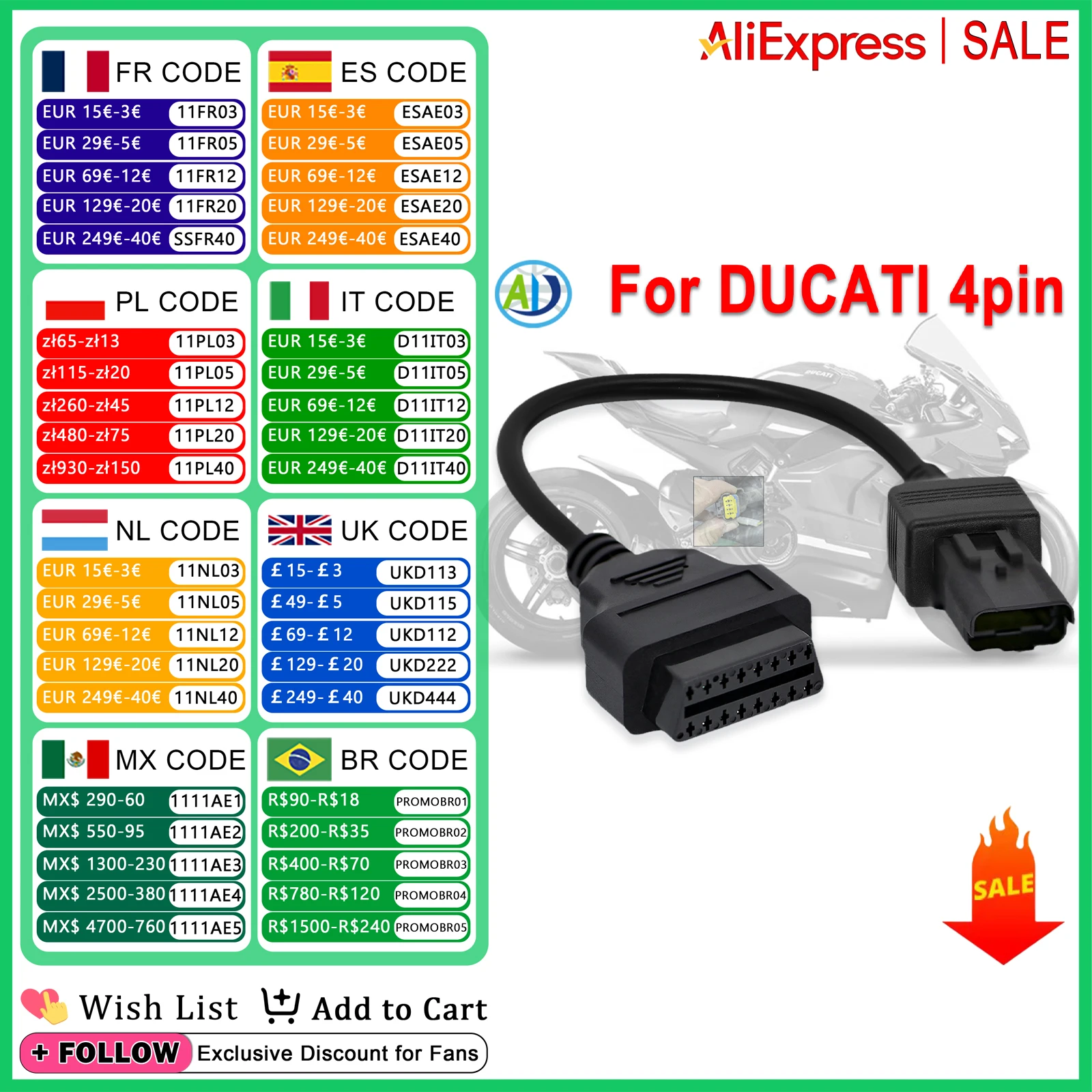 

OBD Diagnostic Cable For Ducati 4 Pin to 16 Pin OBDII Adapter For Monster, Hypermotard, Panigale, Diavel, Multistrada Motorcycle