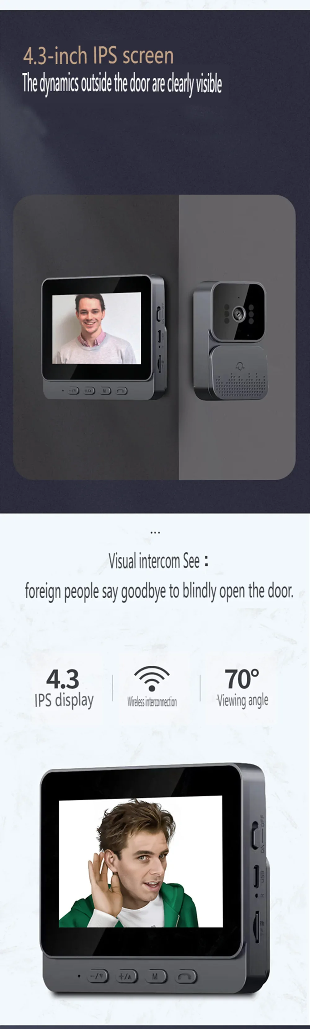 Timbre inteligente visual inalámbrico WIFI con pantalla, intercomunicador de voz, monitoreo de visión nocturna infrarroja, cámara de visor de puerta