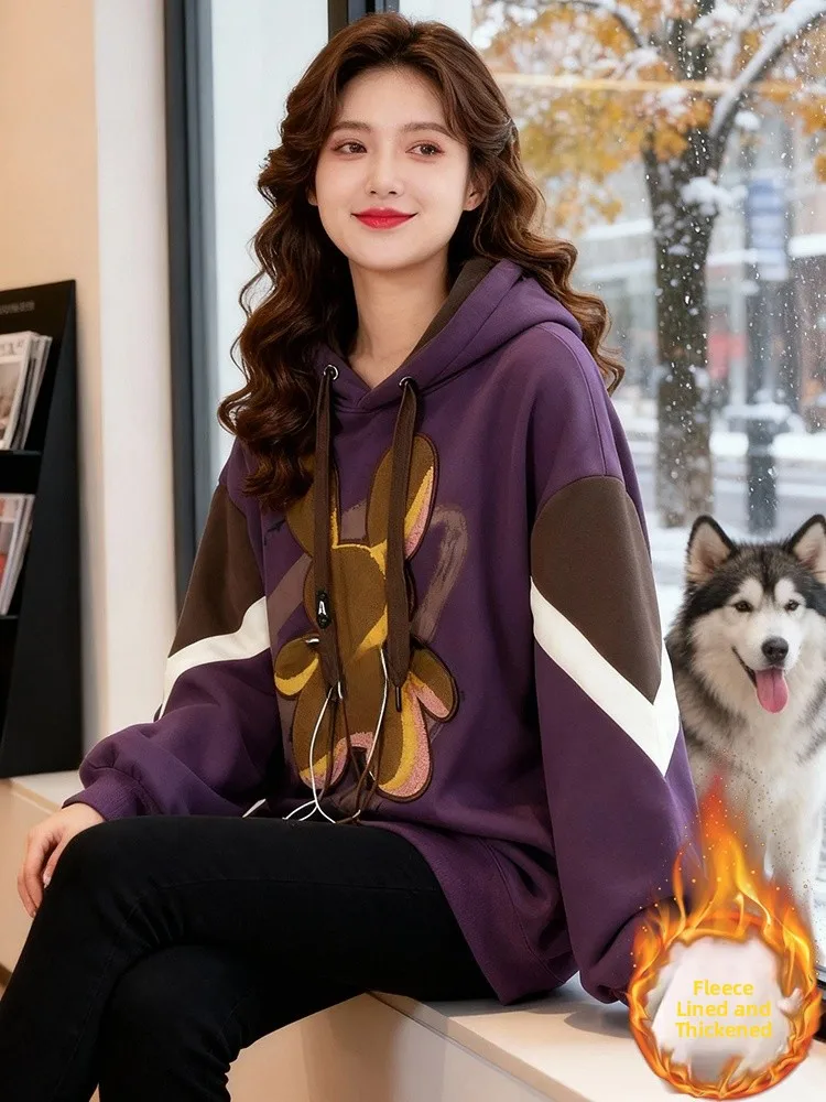 Thiened Fce Hoodie Women's Mid-Length Oversized Sweatirt Winter New Design Daily Wear Comfortable Soft Fabric Long Sve