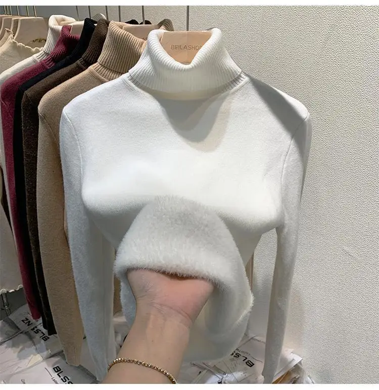2025 New Thicken High Collar Pullover Women's Sweater Top Winter Warm and Soft Solid Color Inner Wear Bottoming Shirt