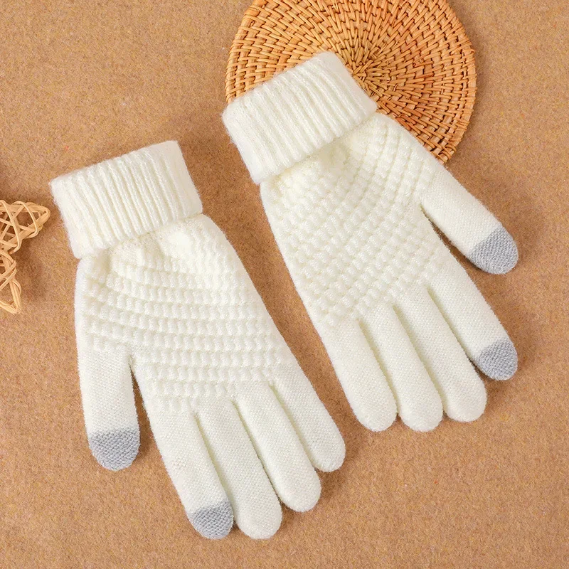 Winter Solid Knit Mittens Women Gloves Imitation Cashmere Thick Warm Touch Screen Gloves Full Cover Fingers Black White Grey