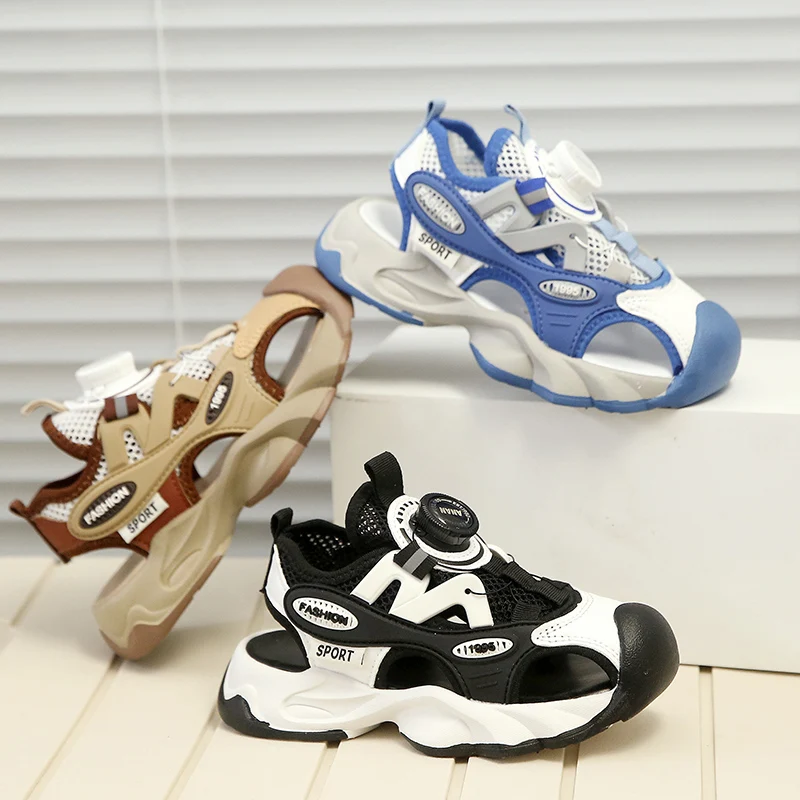 kids Sports Sandals 2026 New Boys' Casual Mesh Beach Shoes with Rotating Button Children's Fashion Versatile Shoes for Summer