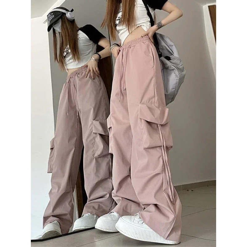 

Women's Cargo Pants American Retro Quick-Dry Summer High-Waisted Straight Wide-Leg Ribbon Loose Casual Floor-Length Trendy Pants
