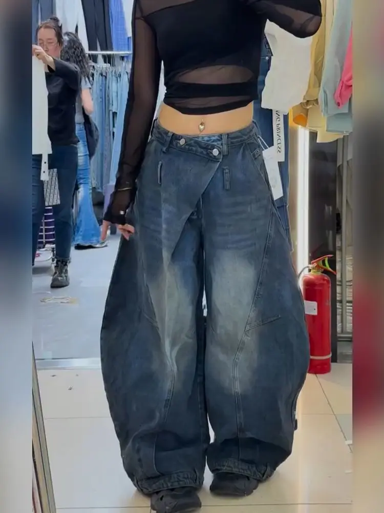 USA Unique Design Asymmetrical Mid-waist Jeans Scimitar Pants Women Y2K Streetwear Vintage Relaxed Wide-leg Pants Trousers Loose