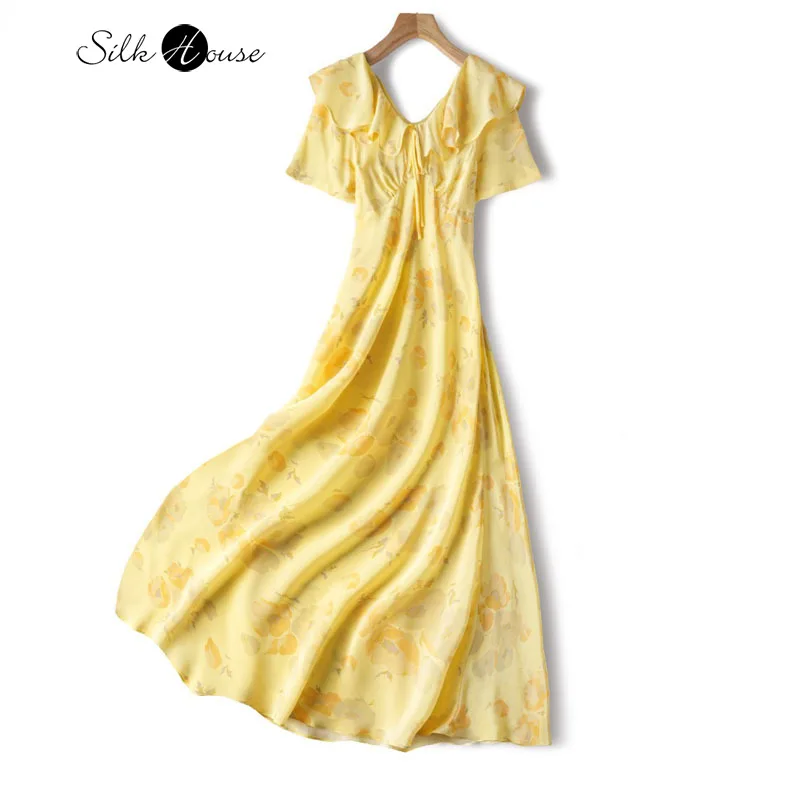 

Blossoming Pinellia Ternata 100% Natural Mulberry Silk Crepe De Chine Digital Printed French Doll Neck Women's Casual Dress
