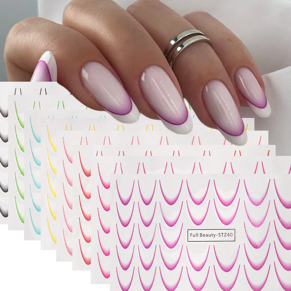 Gradient French Line Nail Sliders Water Transfer Stickers set，Pink Purple Multiple Colors French Line Style DIY Nail Decorations