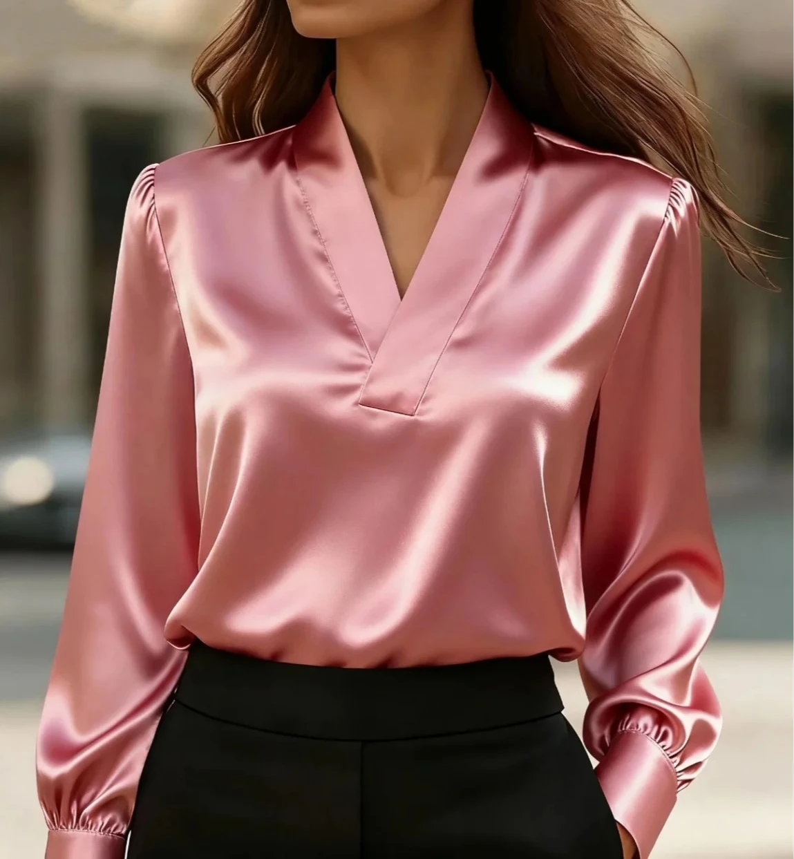 Blusa feminina de cetim macio elegante com decote em V e manga comprida para