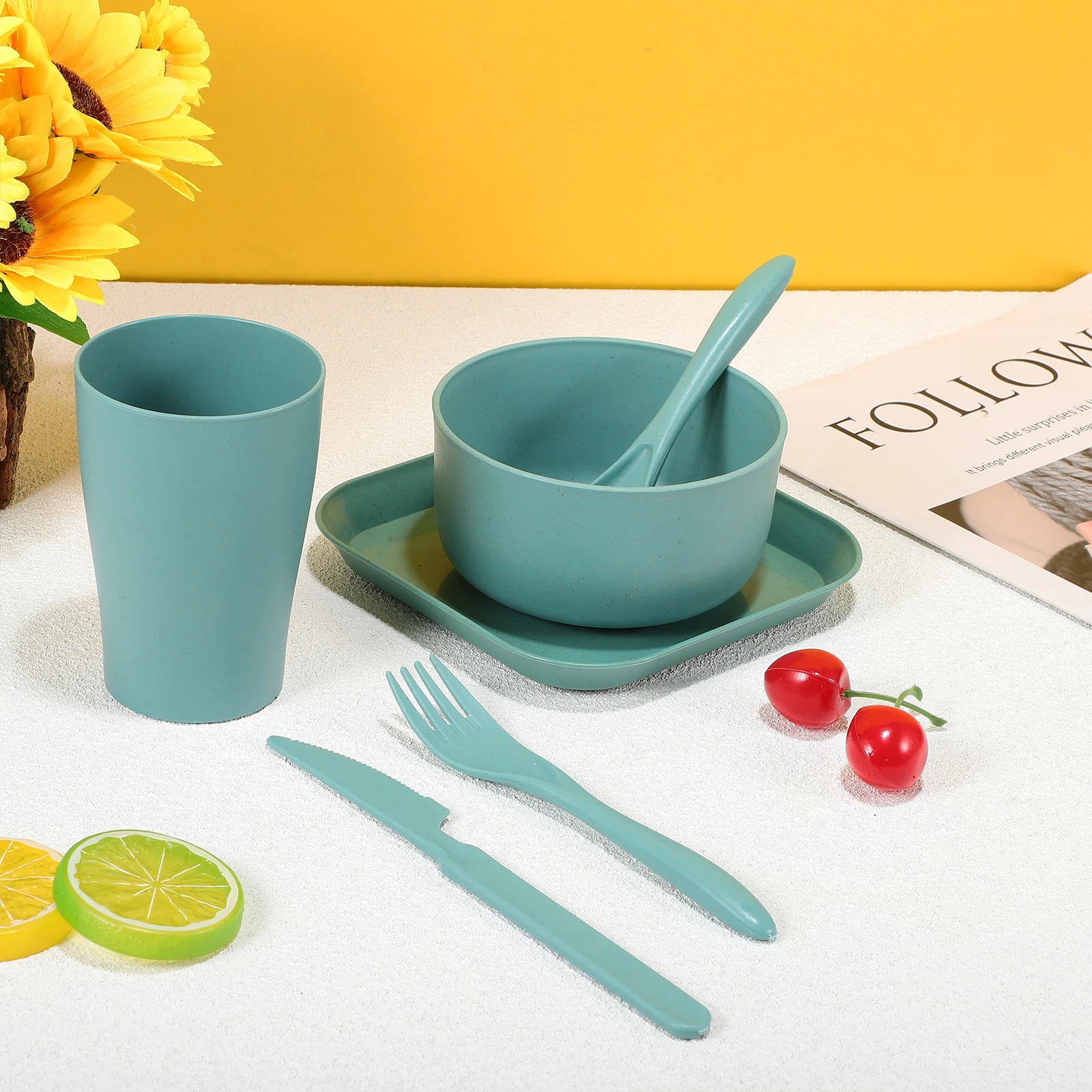

Cyan Tableware Set Wheat Straw Cutlery Unbreakable Kitchen Utensils Travel Dinnerware Reusable Serveware for Camping Picnic