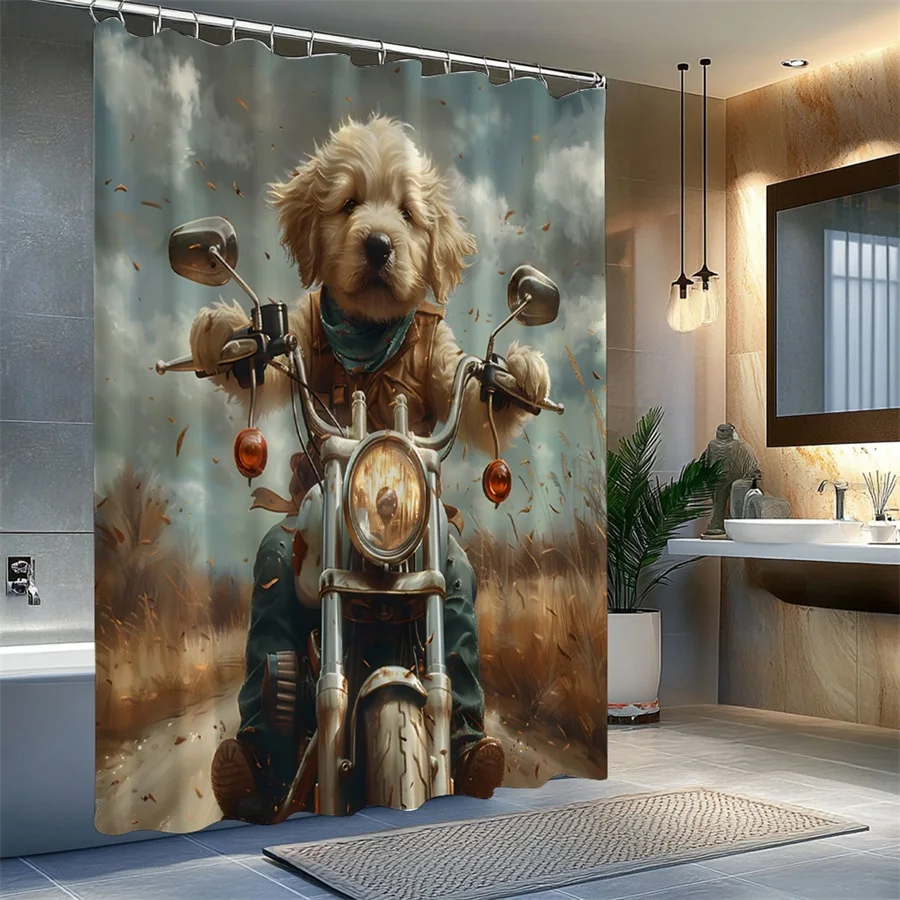 1pc Fluffy Puppy Riding Motorcycle Shower Curtain - Playful Adventure Design with Cream Dog in Brown Vest & Teal Scarf, Autumn B