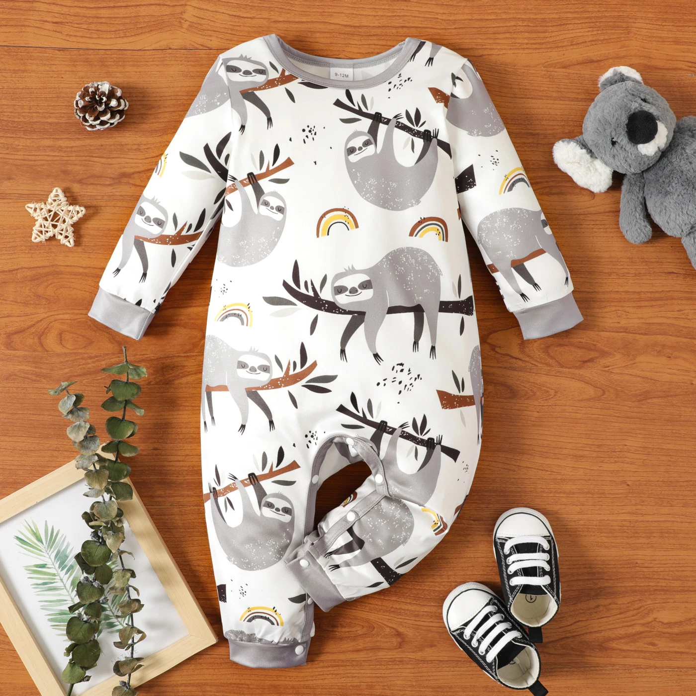 PatPat Baby Boy All Over Cartoon Sloth Print White Long-sleeve Jumpsuit