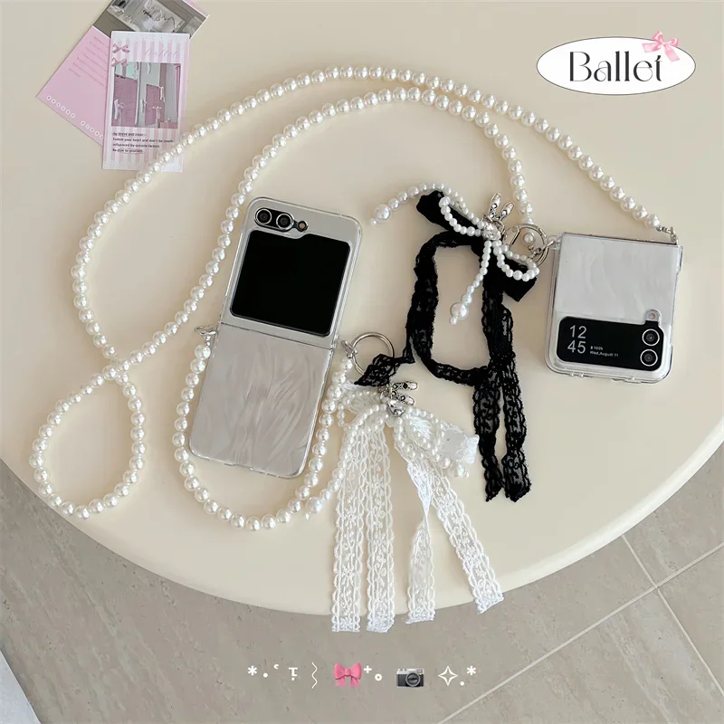 Luxury Crossbody Long Pearl Chain Phone Cases For Samsung Galaxy Z Flip 6 5 4 3 5G Feather Yarn Cards Shockproof Hard Cover