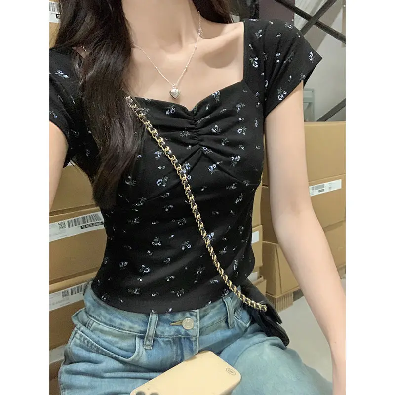 

Large Neckline Exposed Collarbone Short-sleeved T-shirt for Women in Summer Hot Girls Black Bm Floral Slim Short Top