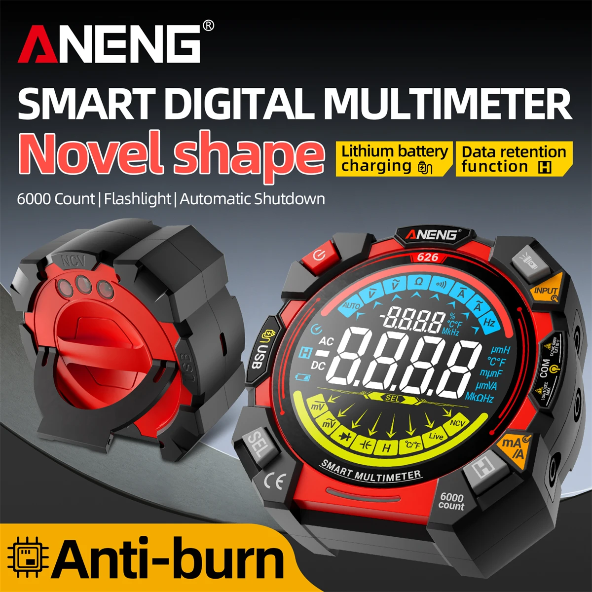 ANENG 626 Digital Multimeter 6000 Counts AC DC Voltage Current Resistance NCV USB Rechargeable Data Hold Electrician Repair Tool