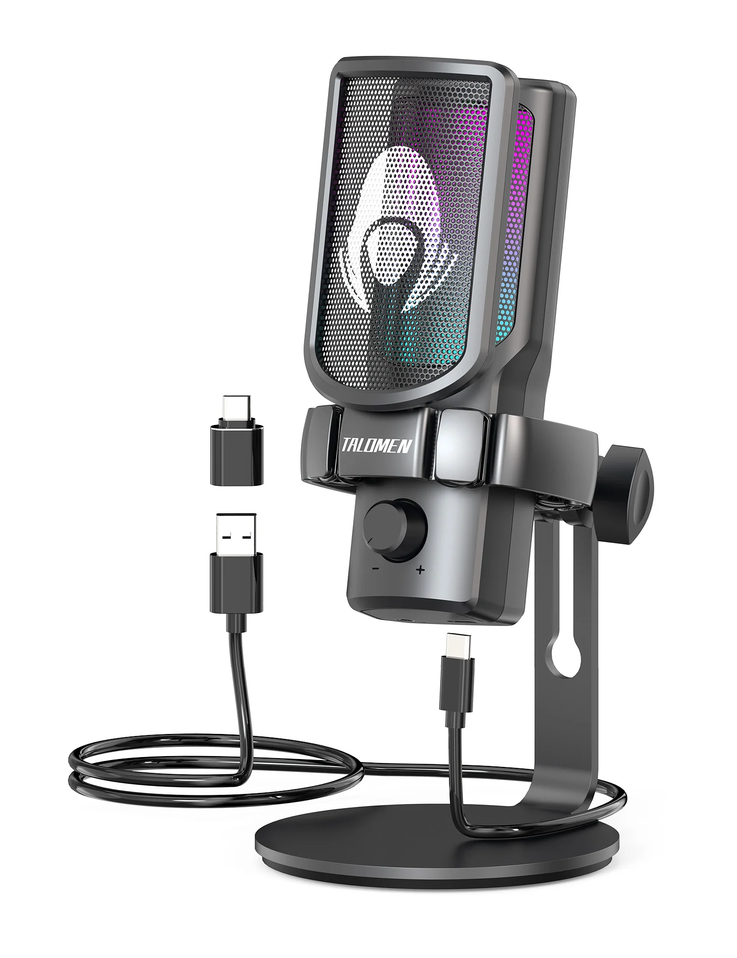 Gaming USB Microphone for PC, Podcast Condenser Mic with RGB Lights, Mute, Gain Knob, Computer Desktop Mic with Metal Stand, Pop