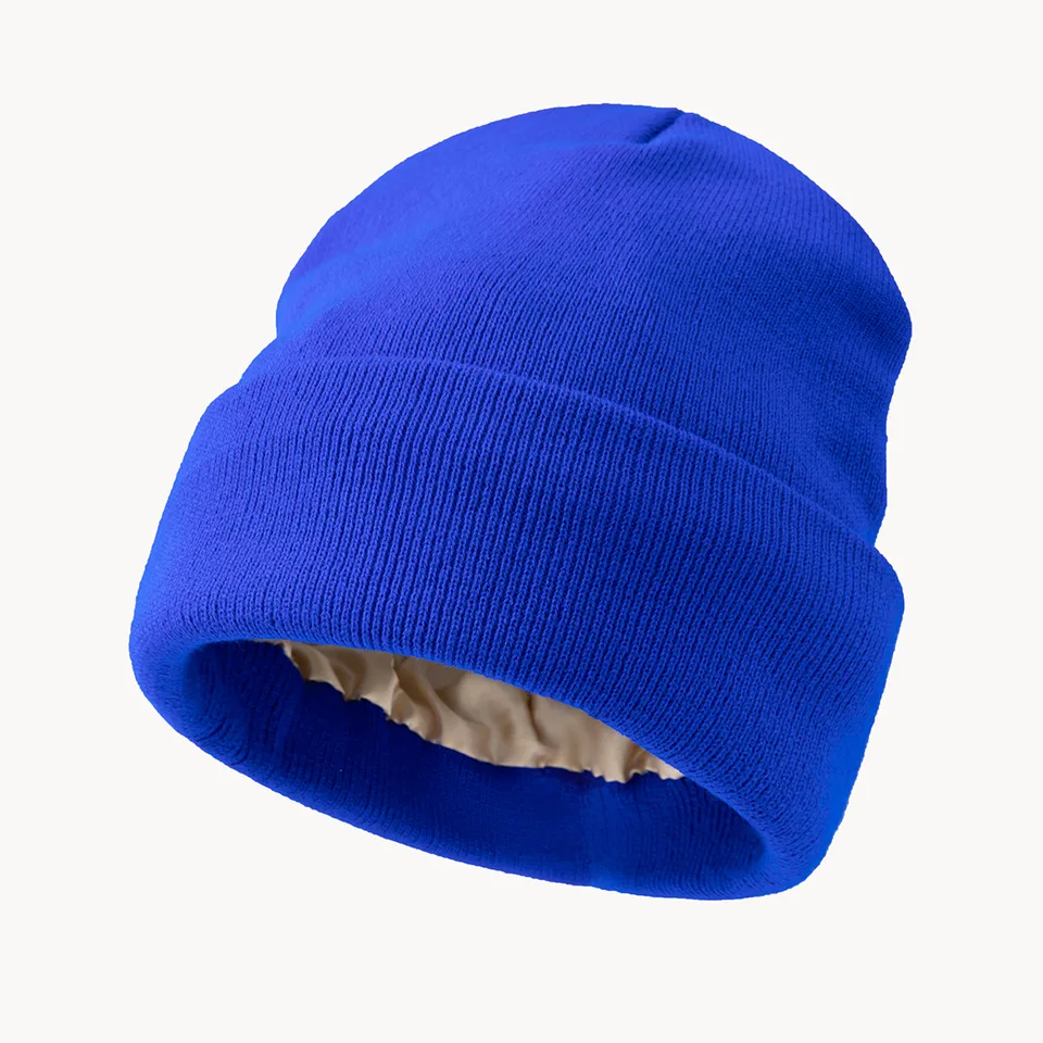 Unisex Satin Lined Knitting Beanie Hat For Women Mens Winter Silky Lining Warm Cuffed Skullies 2Layer Hair Cover Y2K HipHop Cap, image 3