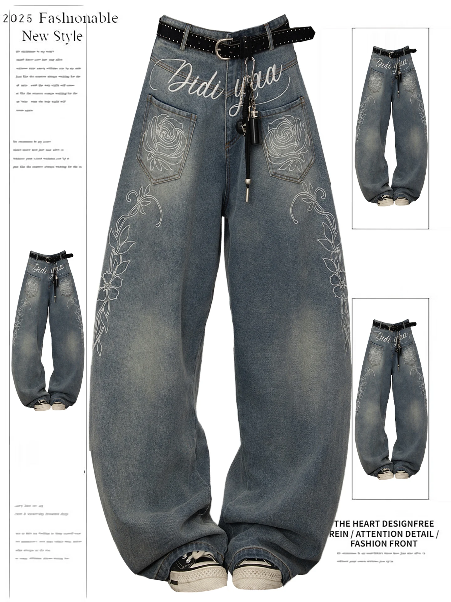 Damskie jeansy z haftem w stylu retro, amerykańskie kwiaty, luźne spodnie z szerokimi nogawkami, wysoki stan, denimowe, codzienne, jesienne, nowe, streetwear