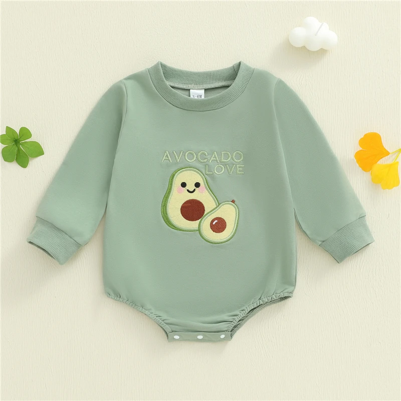 

Toddler Infant Baby Boy Romper Long Sleeve Crew Neck Embroidery Avocado Letters Fall Bodysuit Clothes for Casual Daily