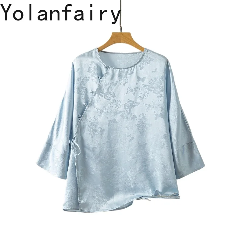 

YOLANFAIRY Очаровательная и элегантная женская блузка из 100% натурального шелка тутового шелкопряда, жаккардовая атласная рубашка с длинным рукавом